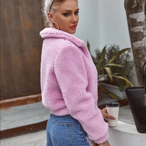 Teddy Coat Shearling Zip Up Collared Jacket Tan - Picture 6 of 7